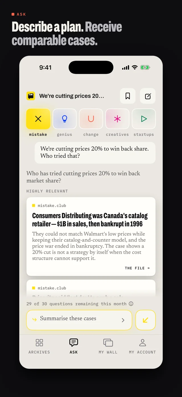 The iPhone app finds real cases relevant to a pricing question
